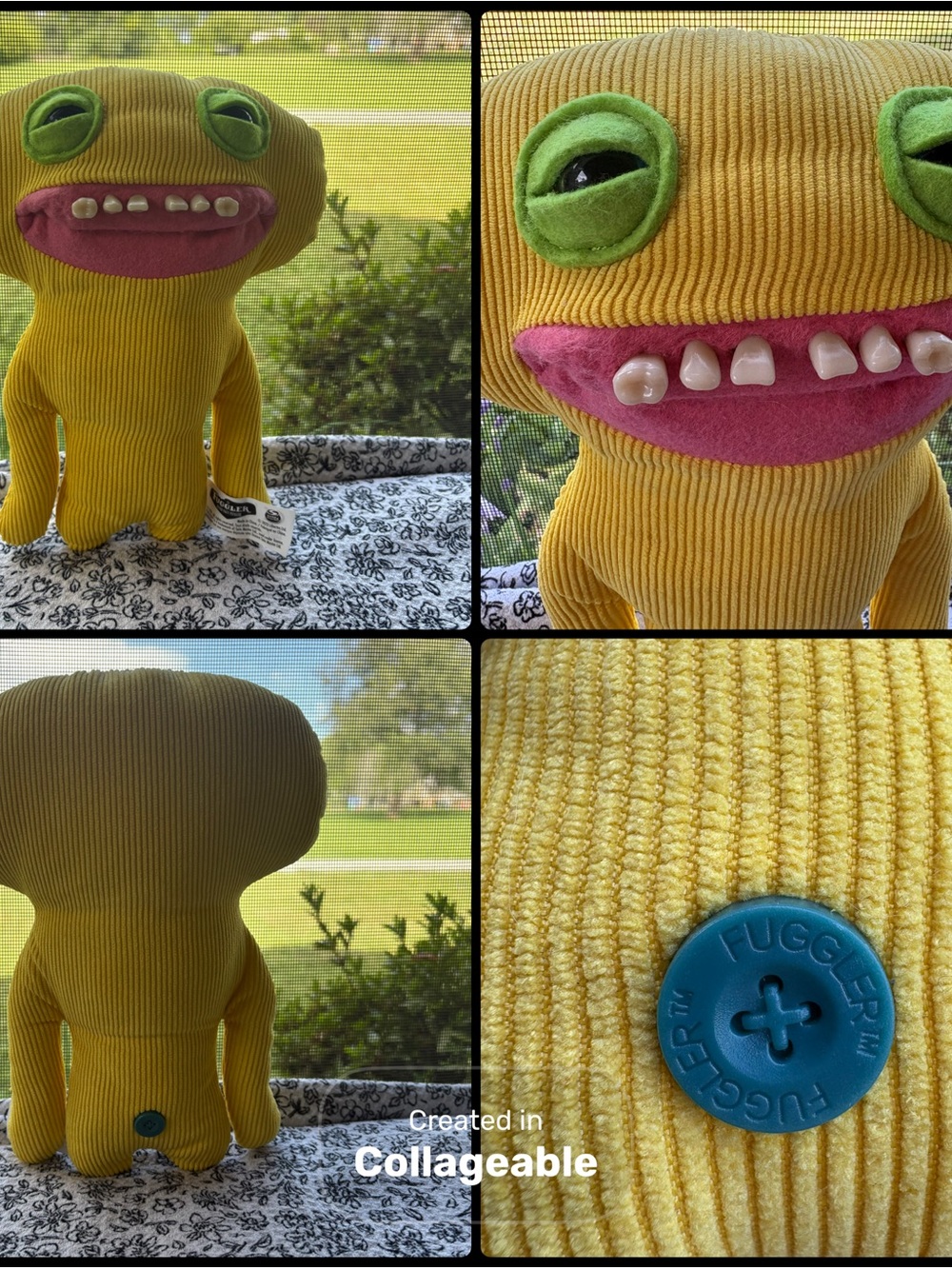 Yellow Corduroy Plush Monster with Green Eyes and Pink Mouth